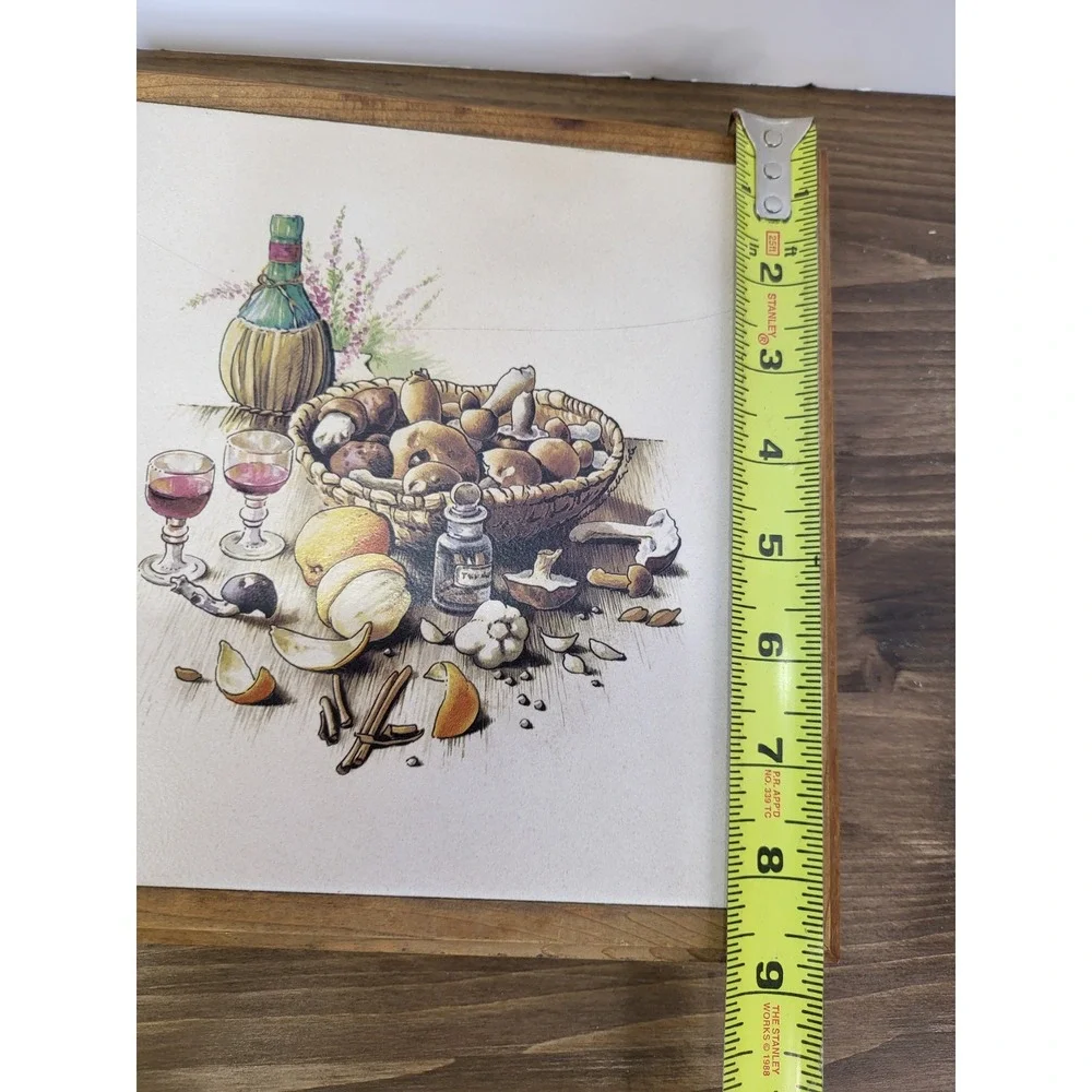 Vintage Wood Framed Ceramic Tile Trivet Wine Mushrooms 9x9 Made in USA